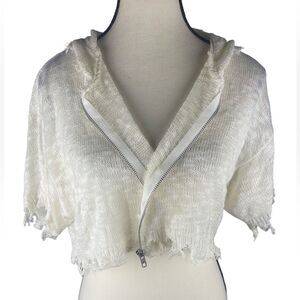 Hot & Delicious White Zip-Up Crop midriff Raw Hem knit Cardigan W Hoodie Sz S